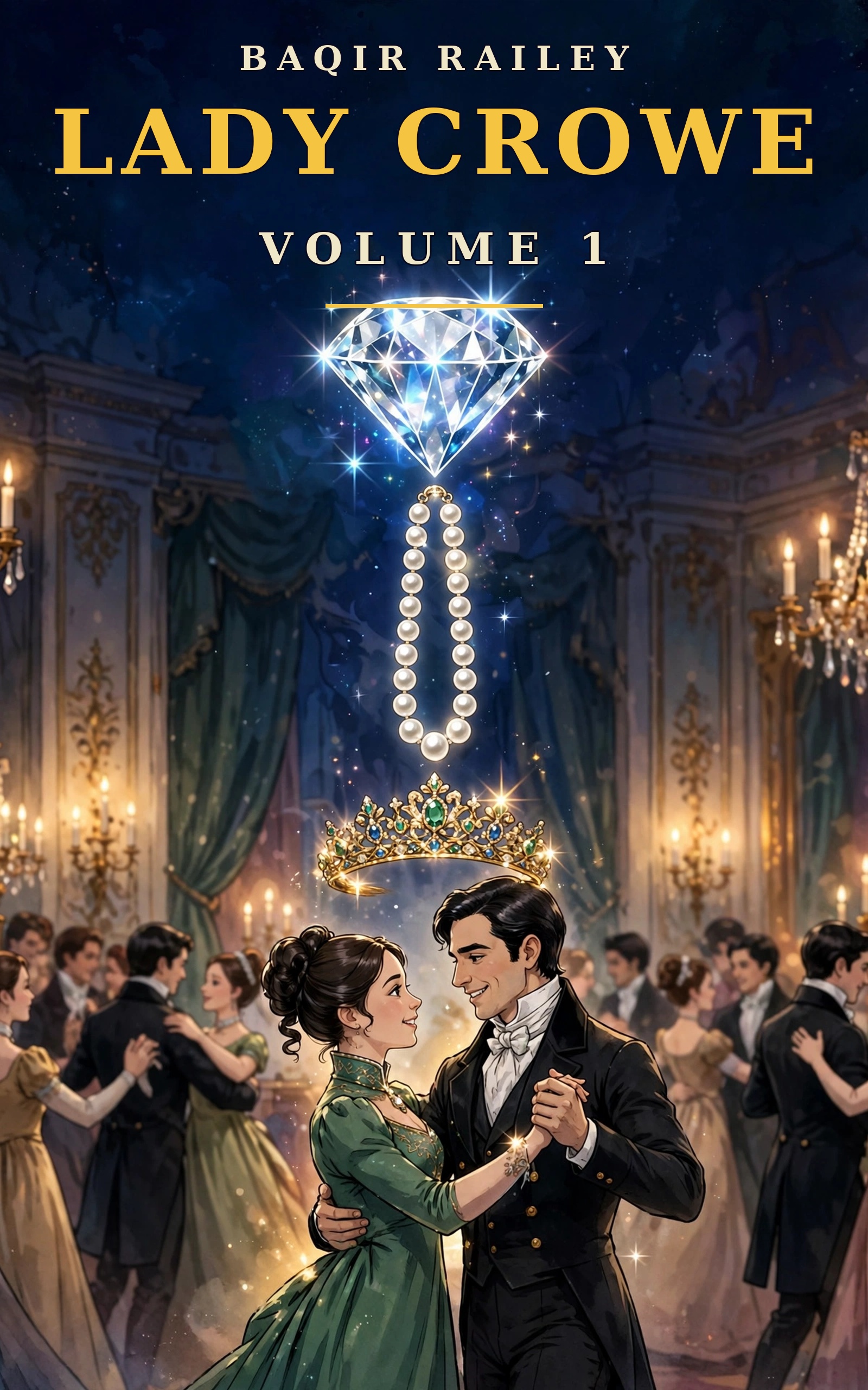 Lady Crowe Volume 1 graphic novel cover featuring a diamond, pearls, tiara, and a Regency couple dancing